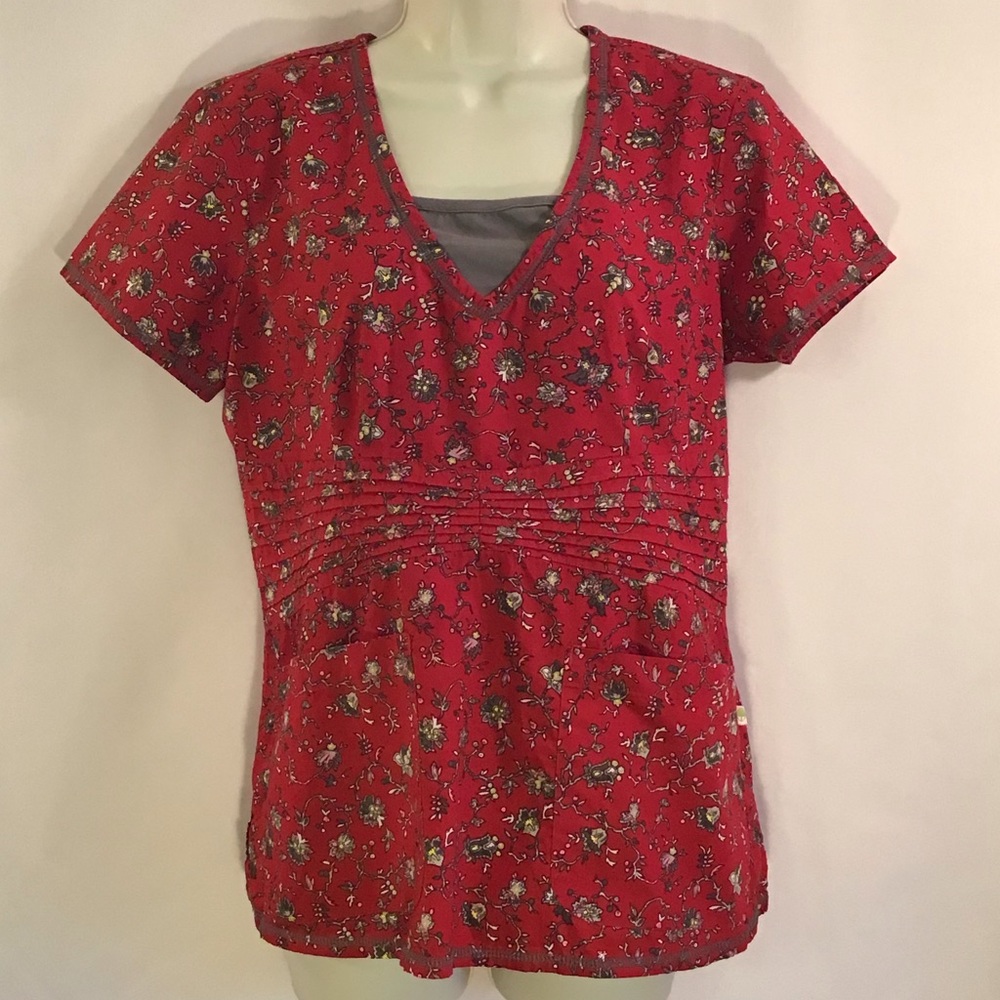 Red Floral Healing Hands Pocketed Scrubs Top Nurse